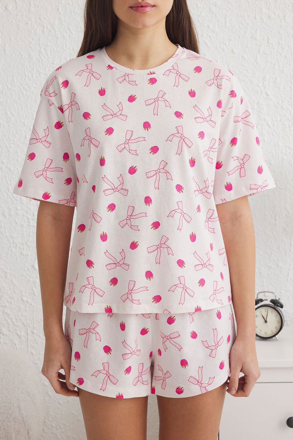 Trendyolmilla Ac?k Pembe %100 Pamuklu Kurdele/Fiyonk Desenli Sortlu Orme Pijama Tak?m? THMSS25PT00160  фото 3