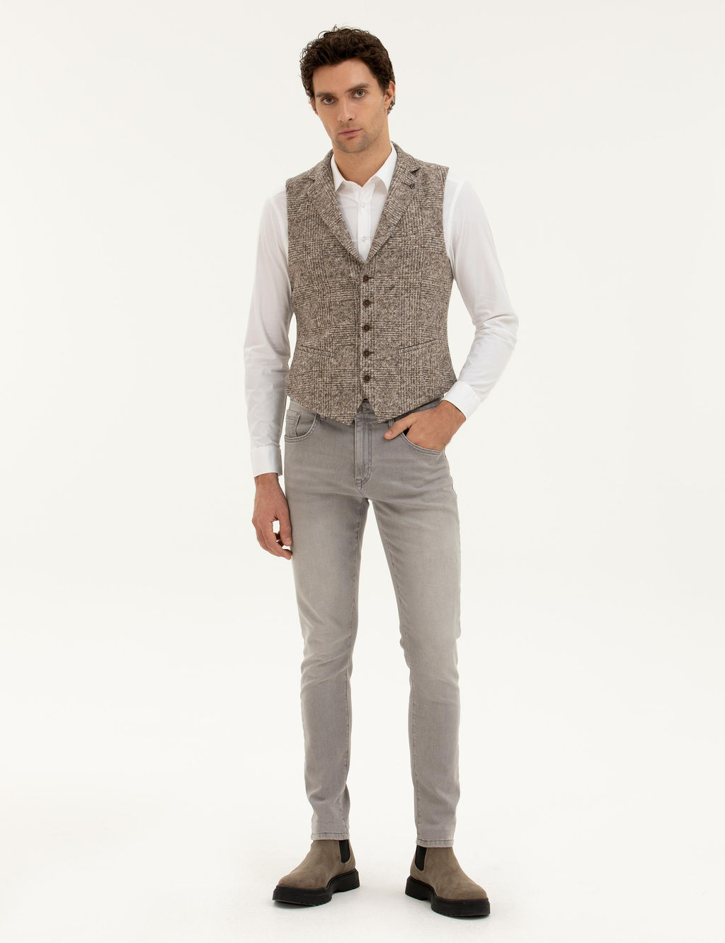 Bej Slim Fit Y_n Kar___ml_ Dokuma Yelek