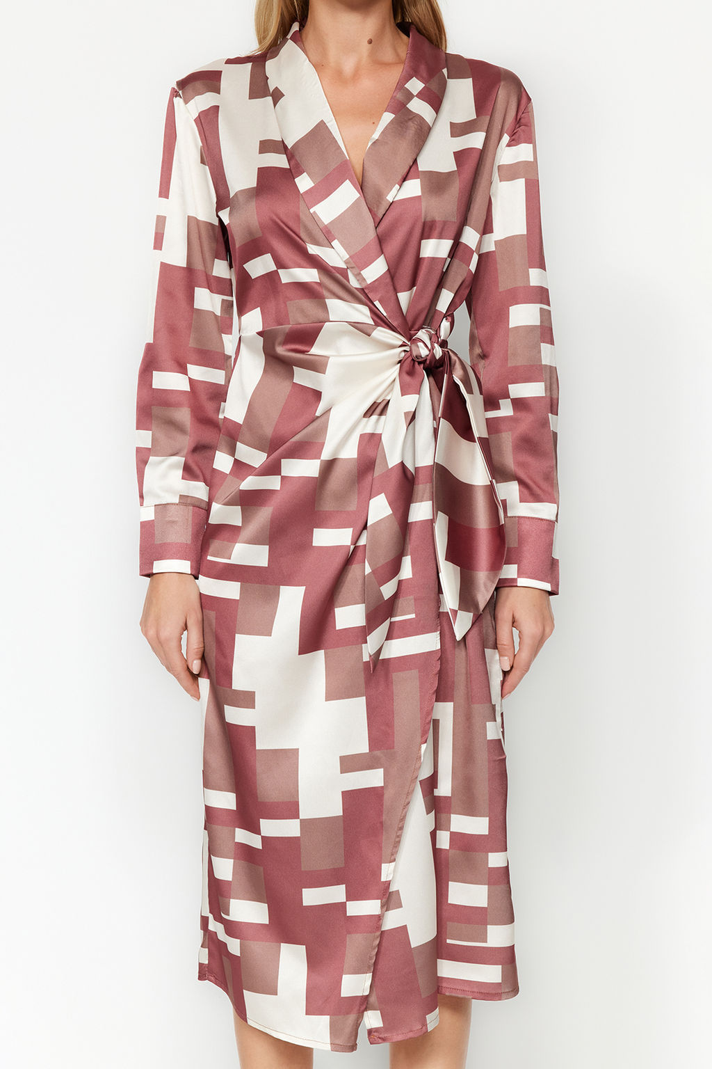 TRENDYOLMILLA Kahverengi Anvelop Midi Baglama Detayl? Geometrik Desenli Dokuma Elbise TWOAW24EL00688  фото 3