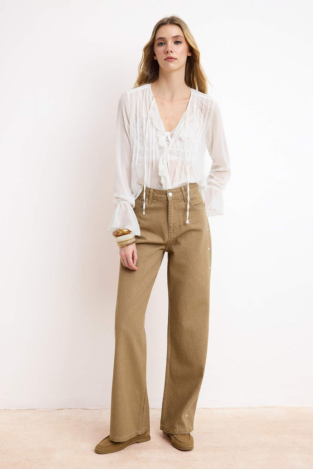 Camel Inci Detayl? Y?kama Efektli Yuksek Bel %100 Pamuk Wide Leg Jeans TWOSS26JE00055 - Trendyolmilla фото 4