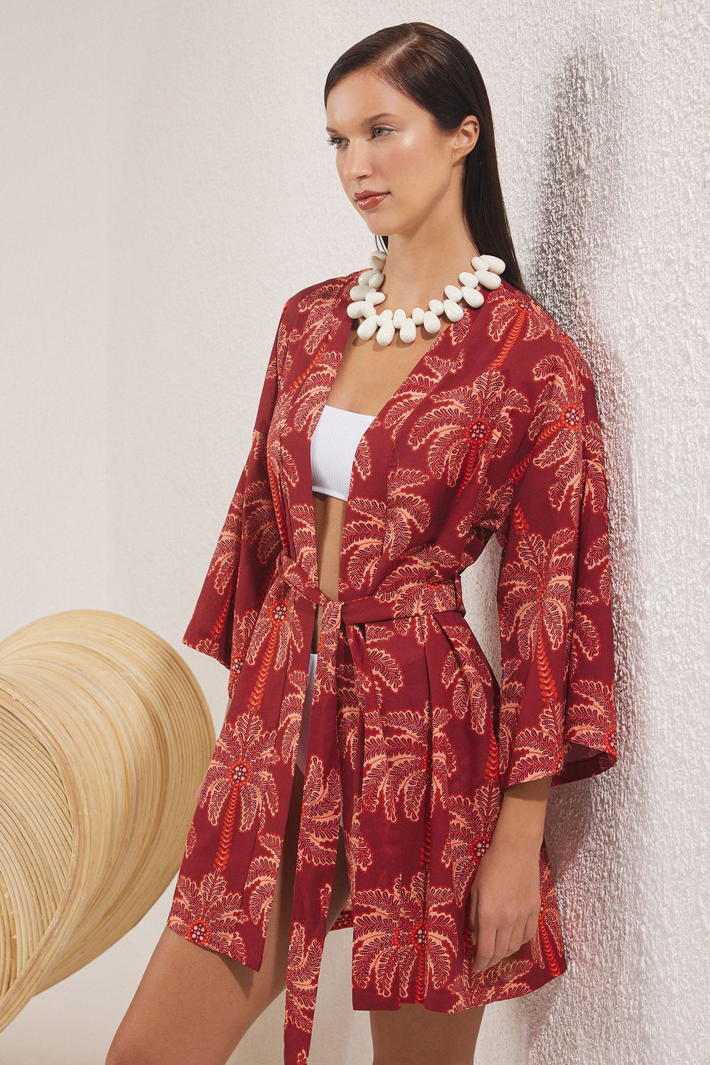 Palmiye Desenli Dokuma Midi 100% Pamuk Plaj Kimono&Kaftan TBESS25KM00029