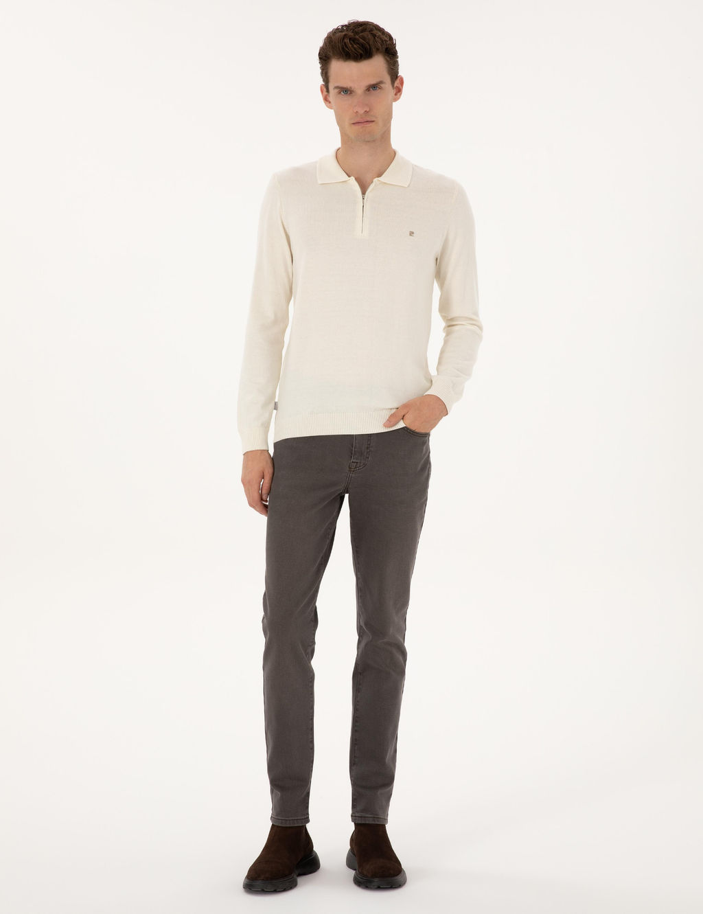 Ekru Slim Fit Polo Yaka Fermuarl_ Basic Triko Kazak - Pierre cardin фото 4
