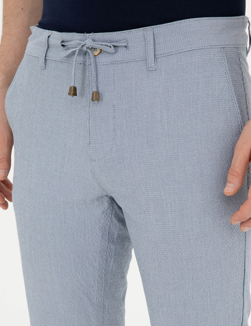 A__k Mavi Slim Fit Gofre Ba_c_kl_ Kanvas Pantolon