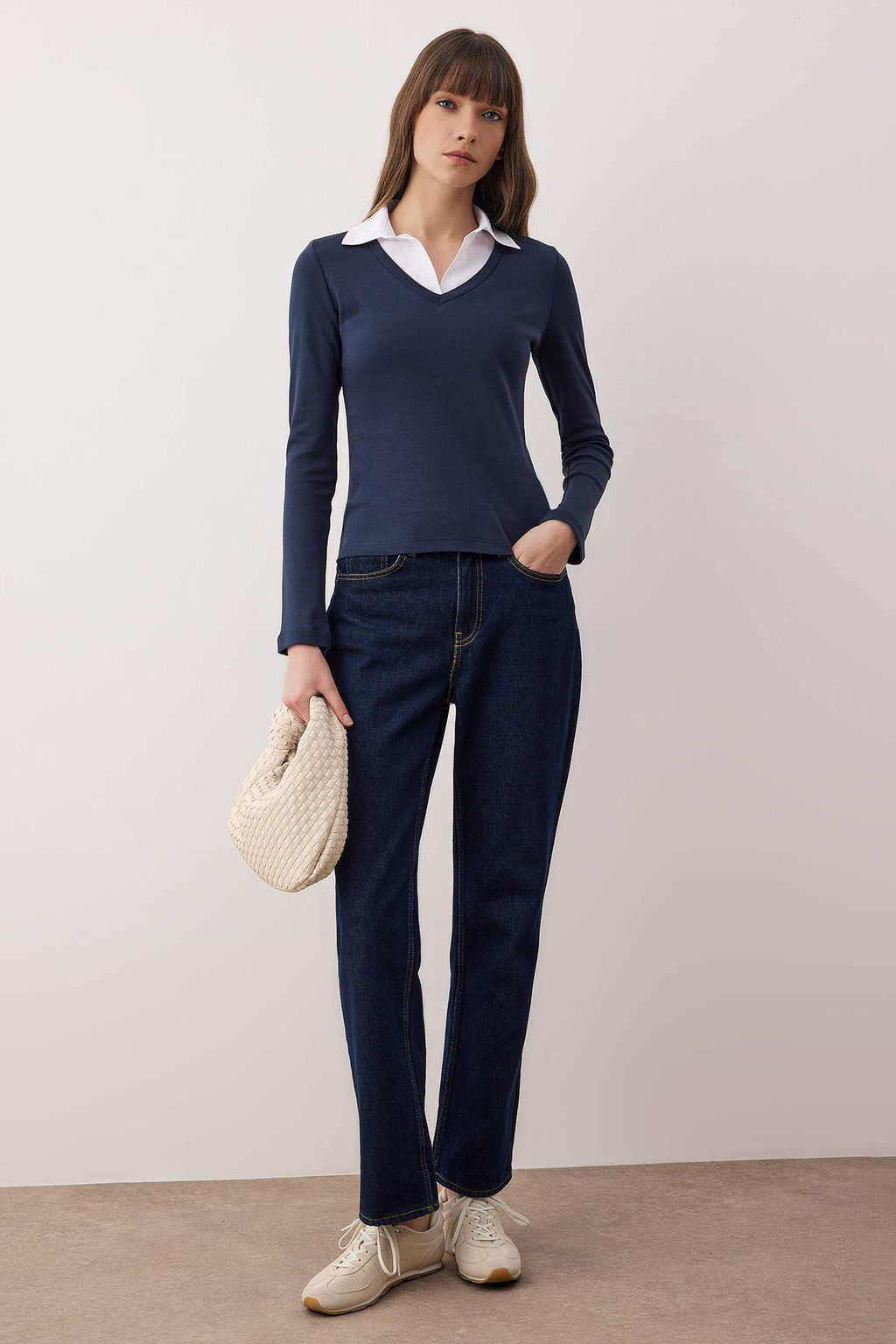 Lacivert Dokuma Detayl? Gomlek Yaka Regular/Normal Kal?p Orme Bluz TWOAW25BZ00035