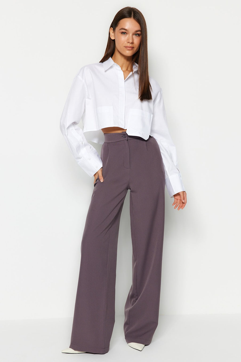 Antrasit Wide Leg/Genis Paca Dokuma Kumas Pantolon TWOAW22PL0139