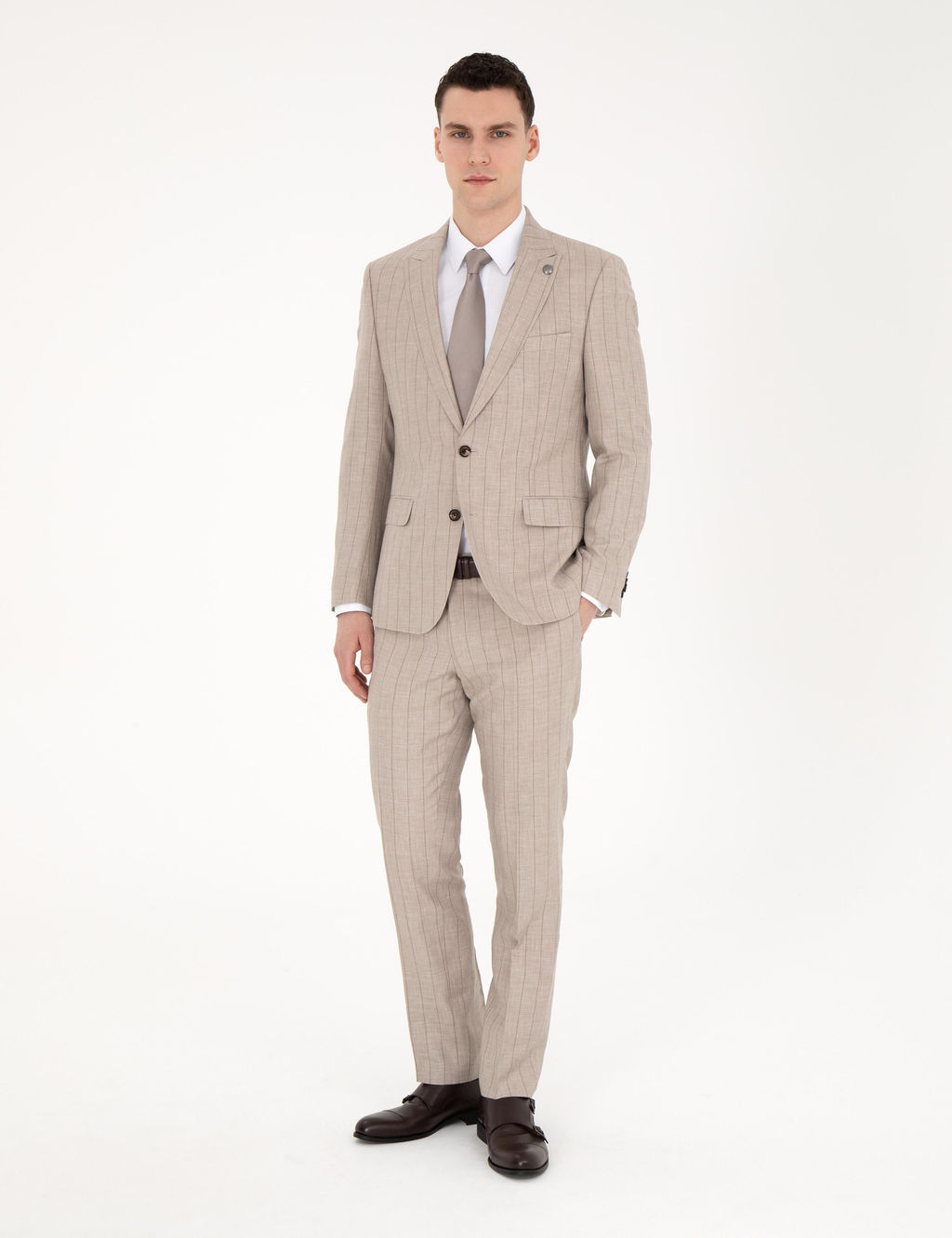 Bej Slim Fit Y_n Keten Kar___ml_ _izgili Tak_m Elbise