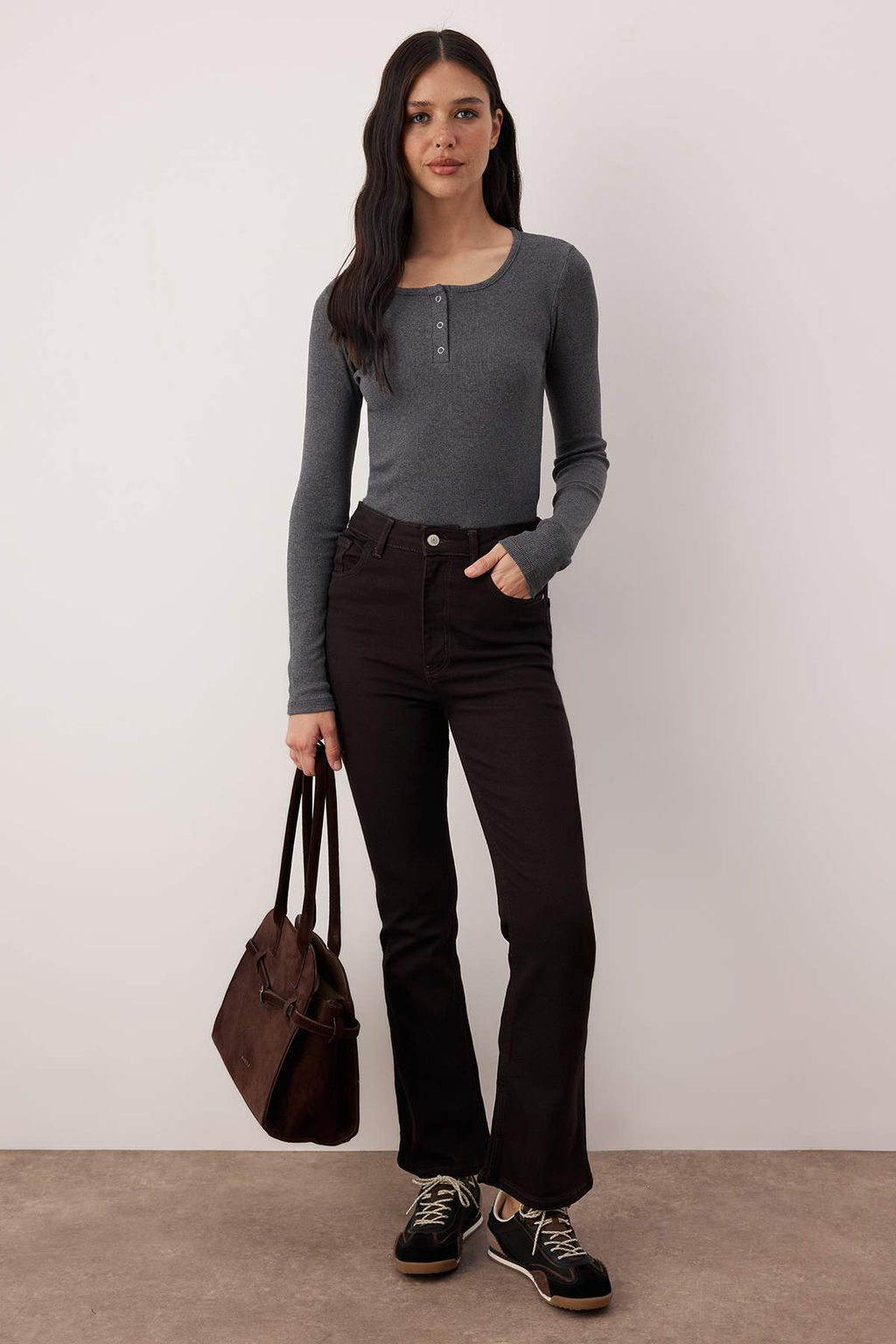 Antrasit C?tc?tl? Fitted/Vucuda Oturan Fitilli Esnek Orme Bluz TWOAW25BZ00080