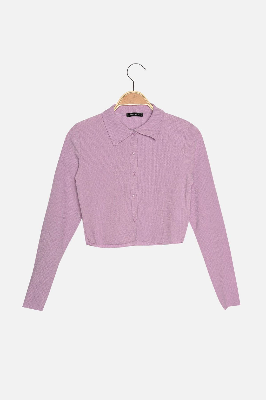 Lila Dugmeli Fitted/Vucuda Oturan Polo Yaka Burumcuk/Dokulu Crop Orme Bluz TWOAW22BZ0241