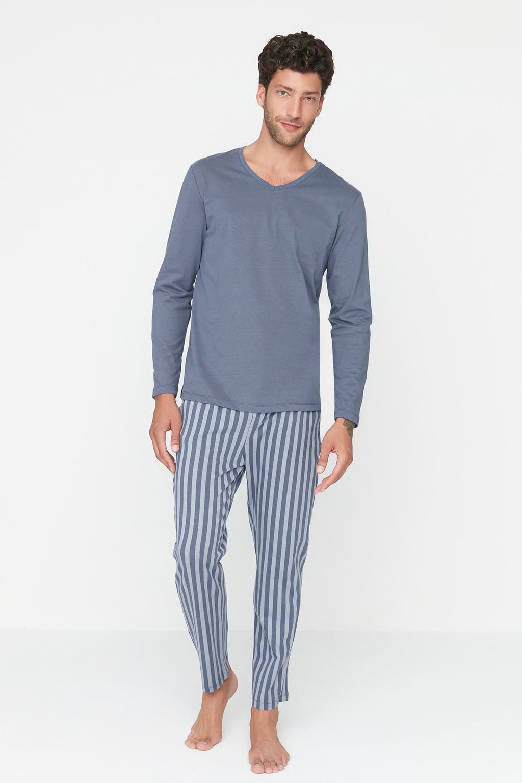 TRENDYOL MAN Ac?k Mavi Regular Fit Bask?l? Orme %100 Pamuk Pijama Tak?m? THMAW21PT0715 - Trendyolmilla фото 2