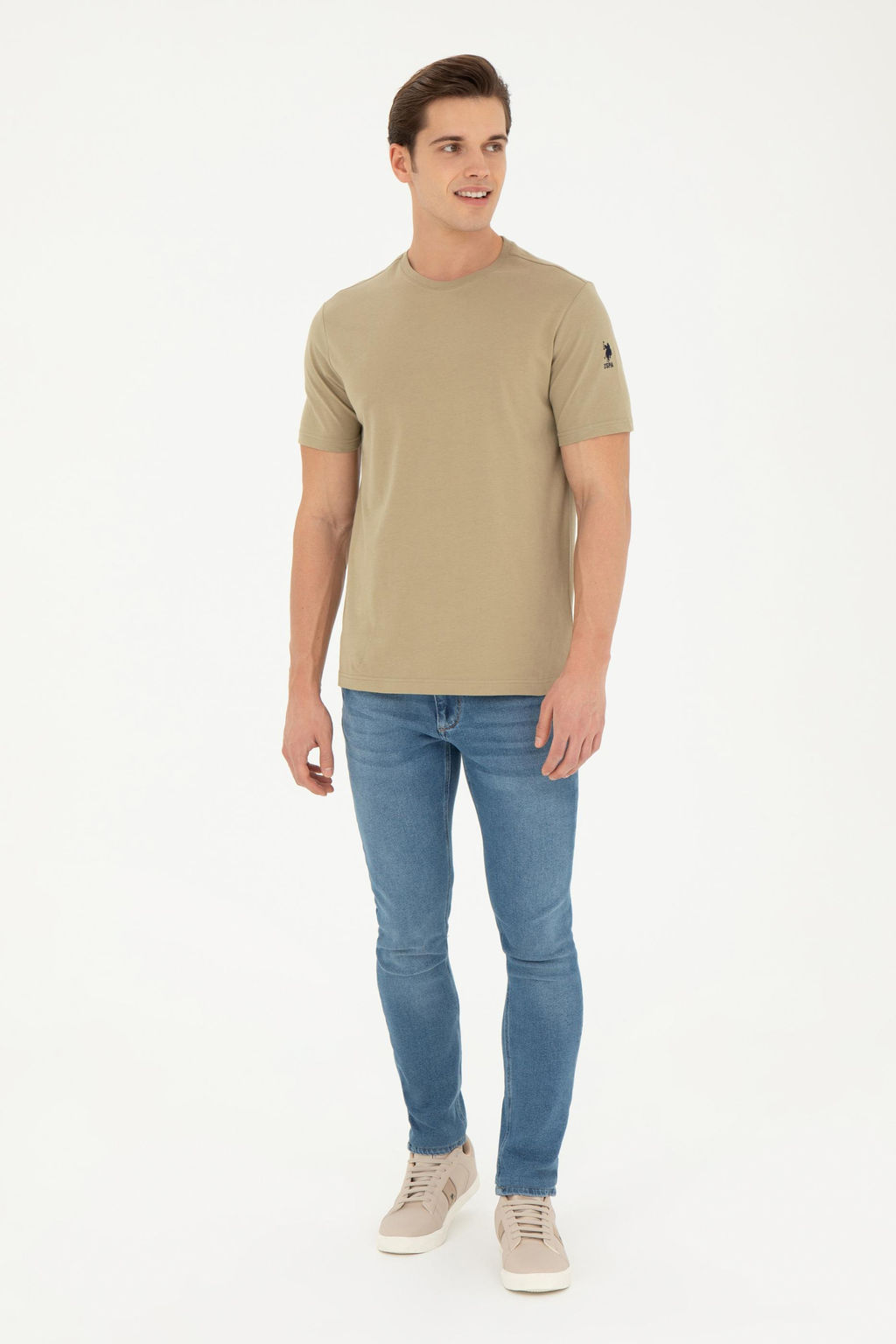 Erkek Regular Fit Bisiklet Yaka Haki Basic Ti__rt