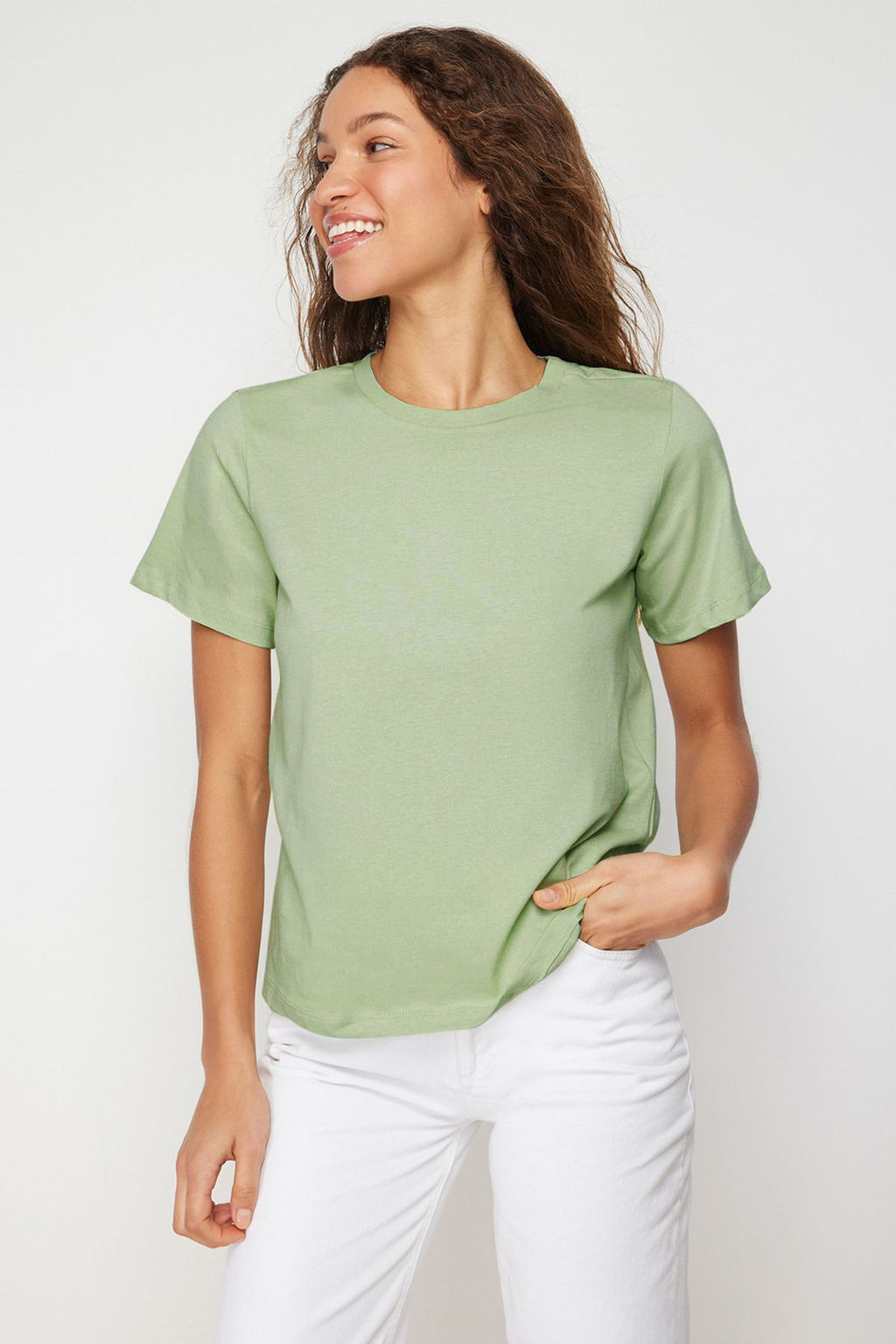 Petrol-Mint %100 Pamuk Bisiklet Yaka 2li Paket Orme T-Shirt TWOSS20TS0141