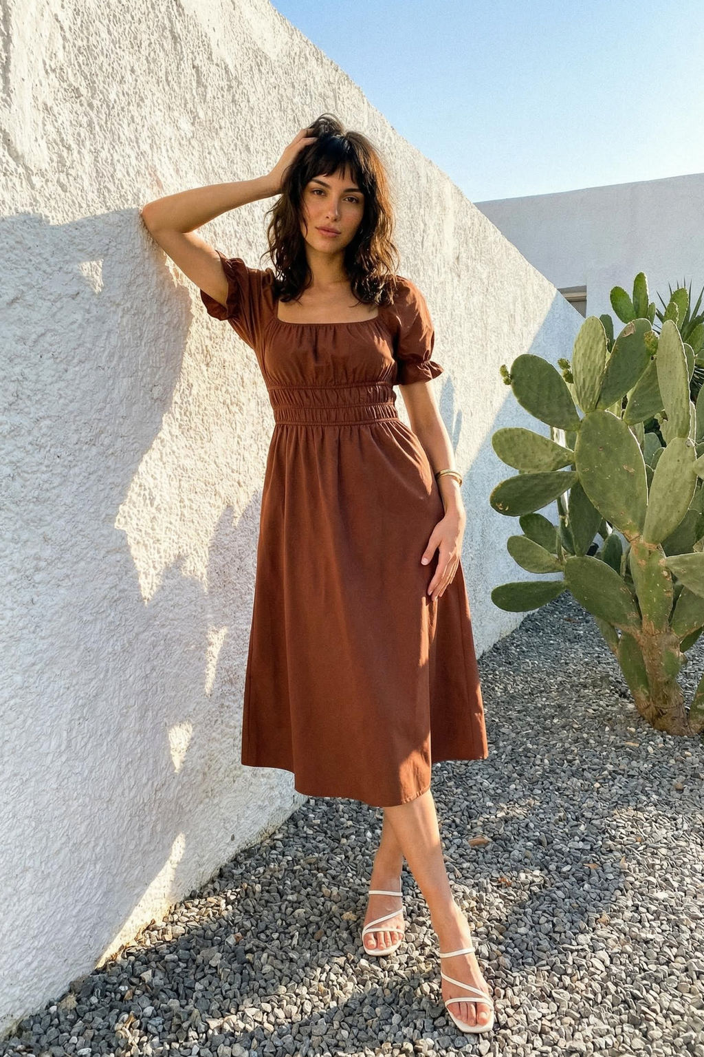 Koyu Kahverengi Duz Etegi Belden Ac?lan Lastikli Astarl? Midi Dokuma Elbise TWOSS22EL1768