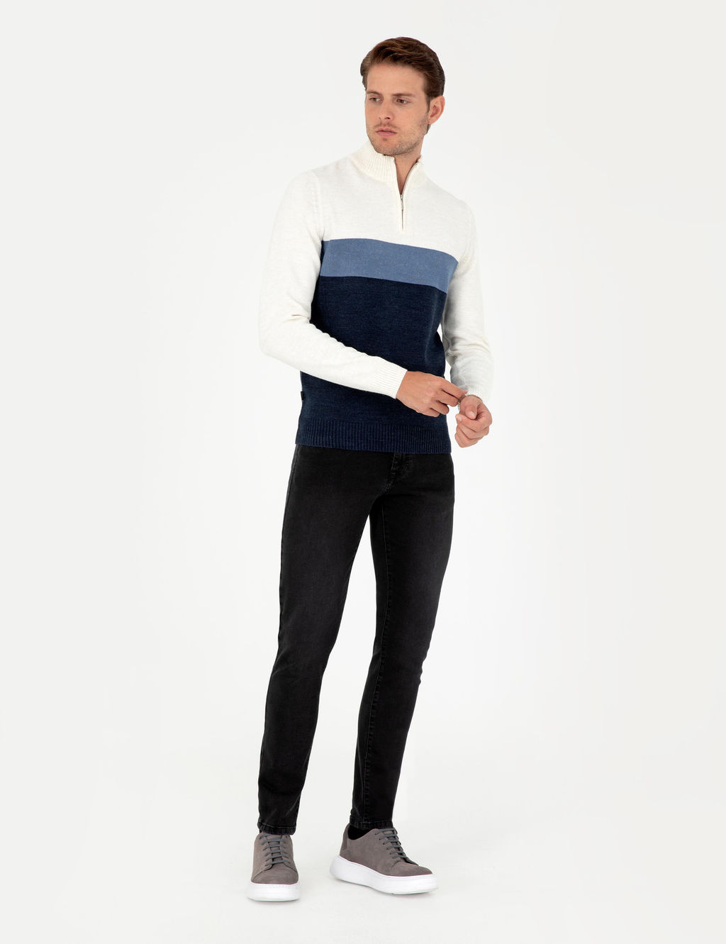 Lacivert Slim Fit Fermuarl_ Dik Yaka Triko Kazak