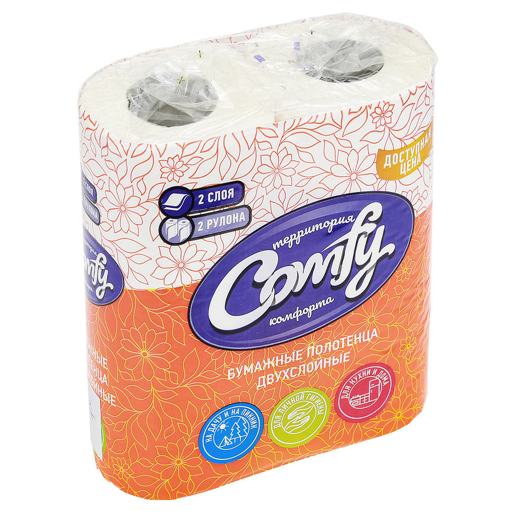 Полотенце бумажное 2-х слойное Доступная цена 14м, 60 листов, 2 рулона, плотность 18г/м2, влагопрочная целлюлоза, с перфорацией и тиснением, Comfy (Россия) - Домашняя мода фото 2
