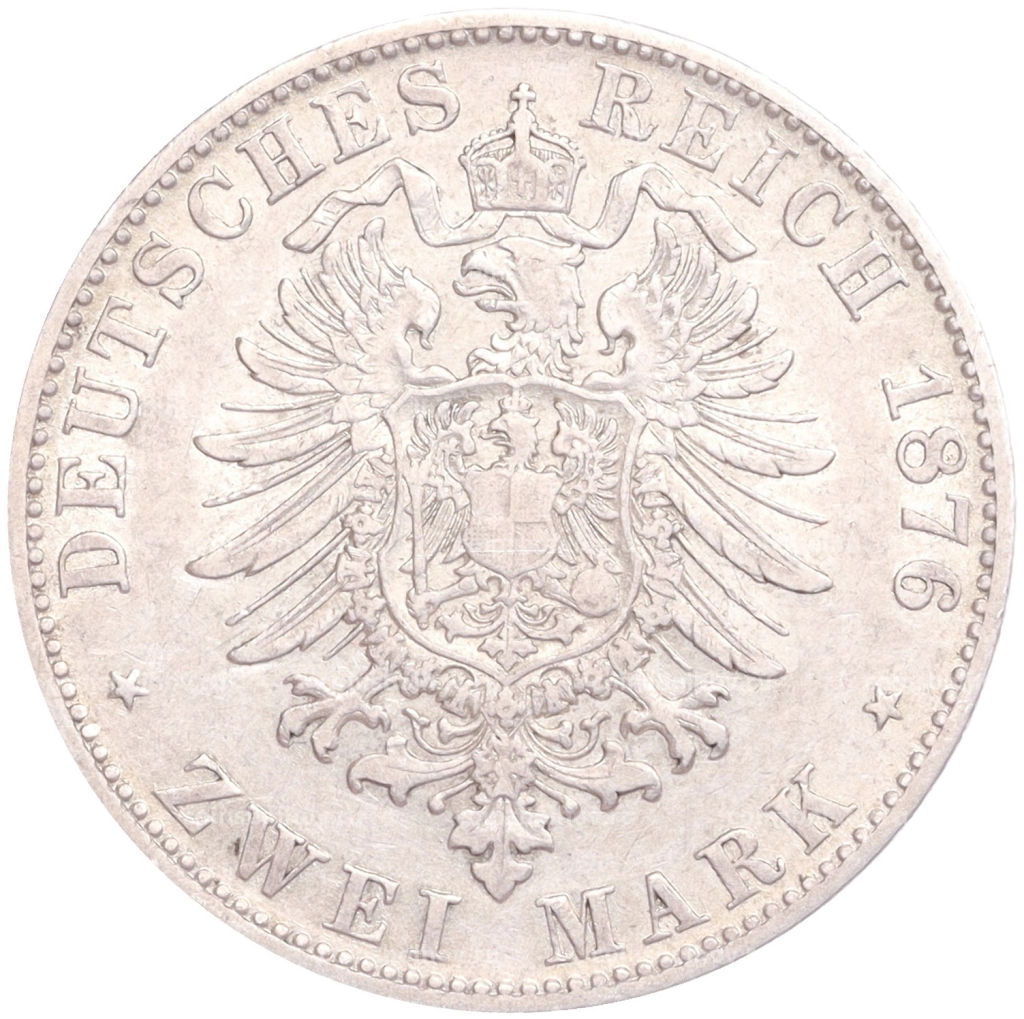 Монета 2 марки 1876 года D Германия (Бавария)