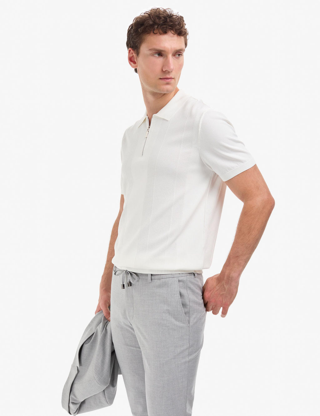 Ekru Slim Fit Polo Yaka Fermuarl_ Triko Ti__rt