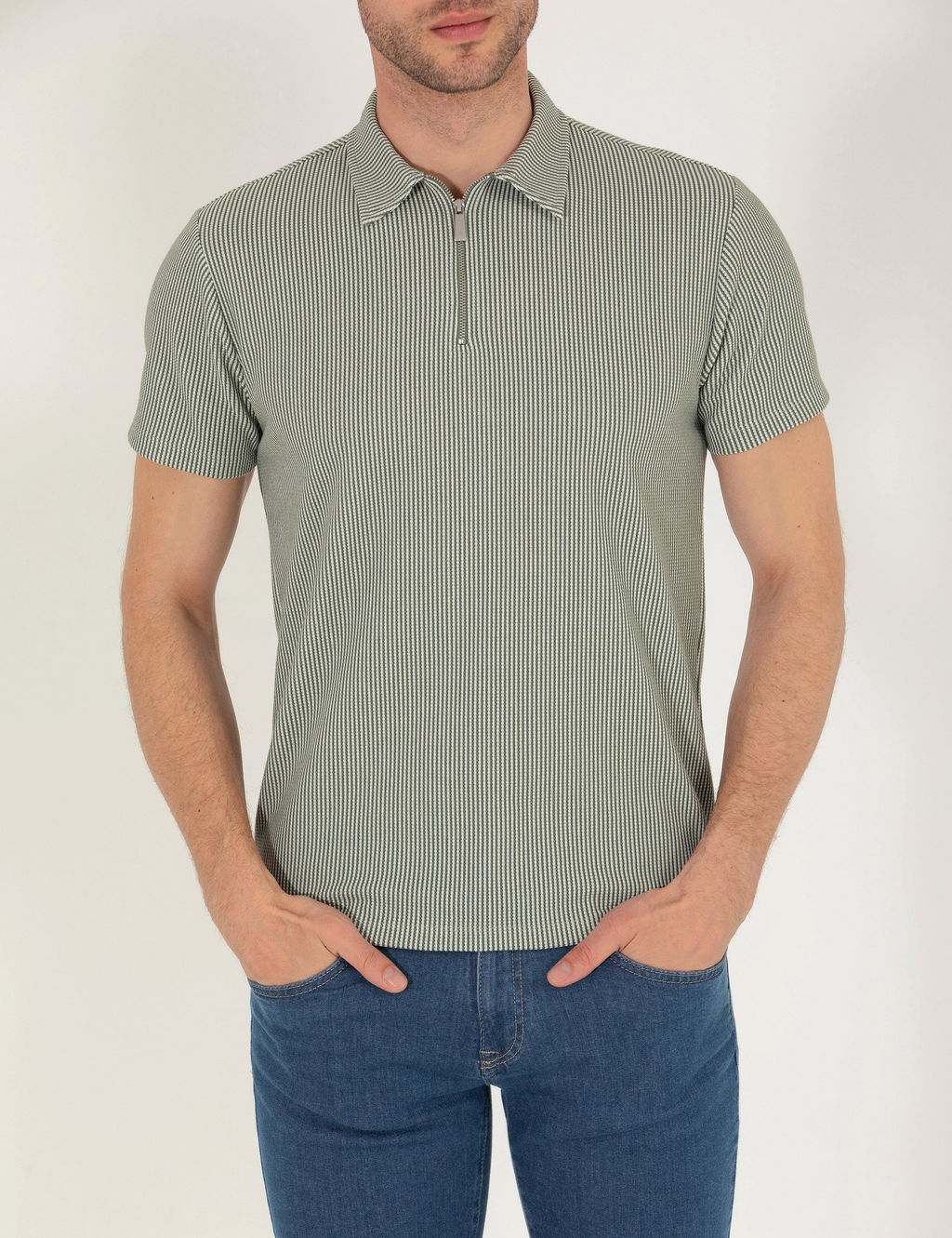 Haki Slim Fit Fermuarl_ Polo Yaka Ti__rt