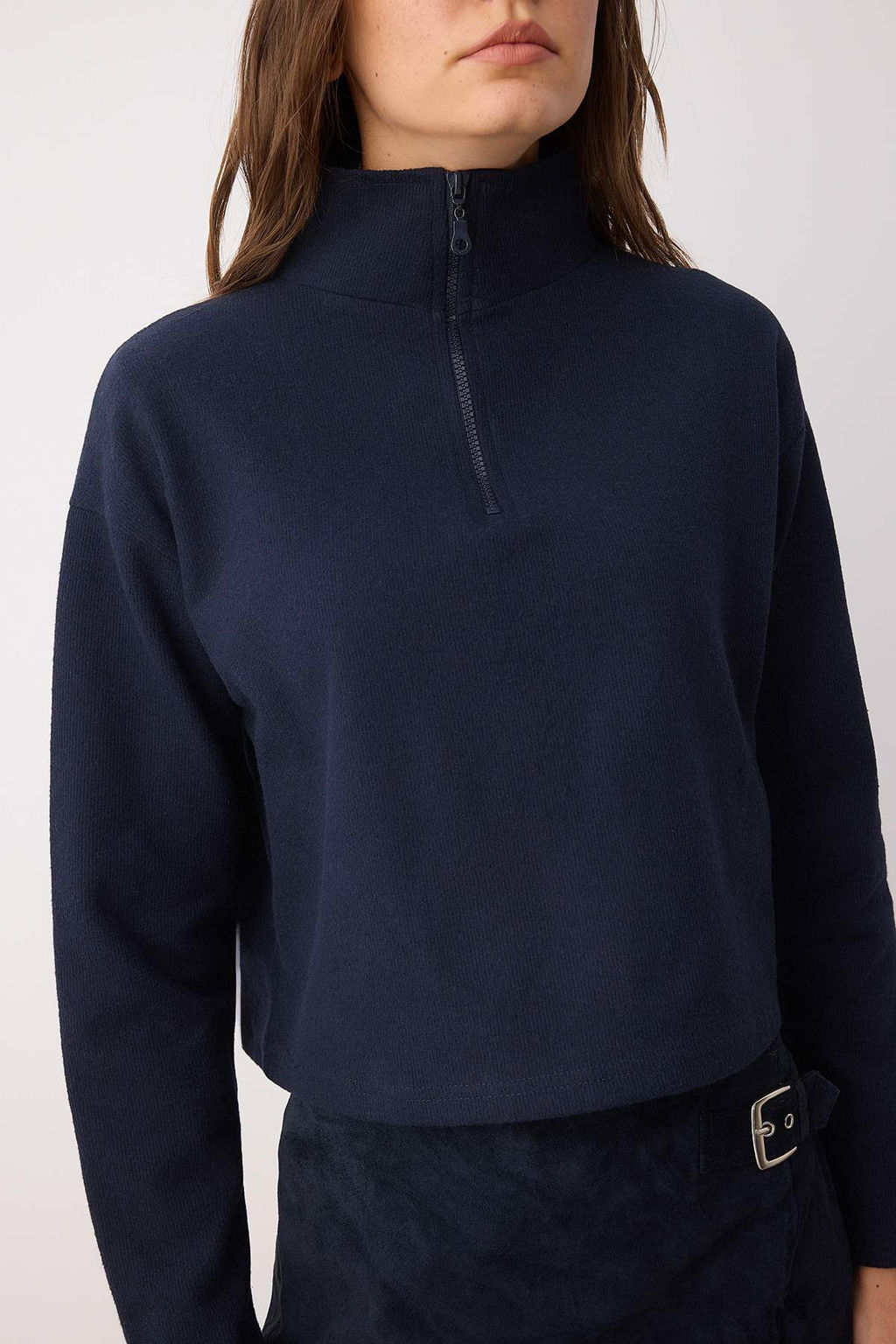 Lacivert Selanik/Triko Gorunumlu Fermuarl? Yaka Regular/Normal Kal?p Orme Sweatshirt TWOAW22SW0732