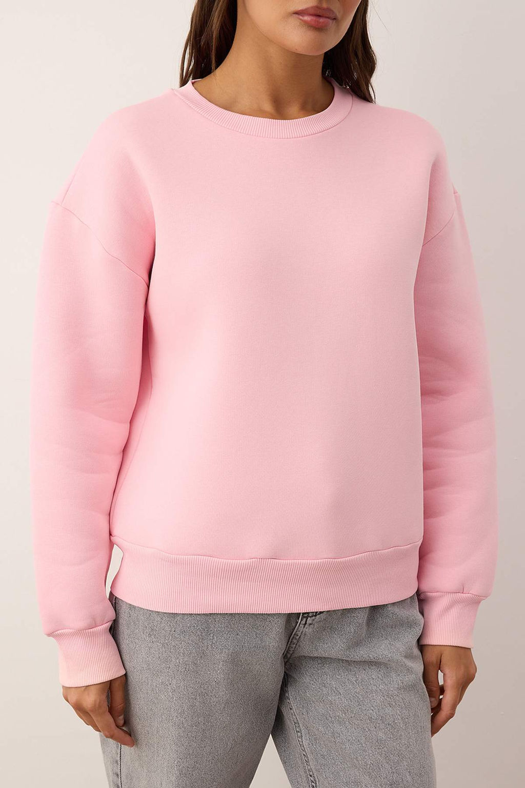 Ac?k Pembe Kal?n Ici Polarl? Regular/Normal Kal?p Bisiklet Yaka Basic Orme Sweatshirt TWOAW24SW00101