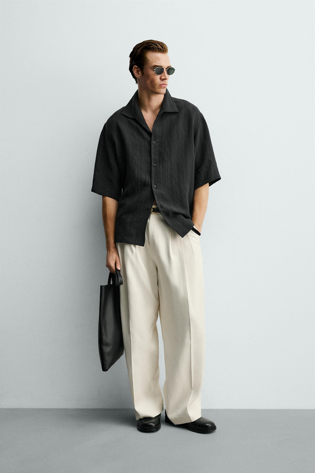 CAMISA BOXY FIT JACQUARD RAYAS / Negro