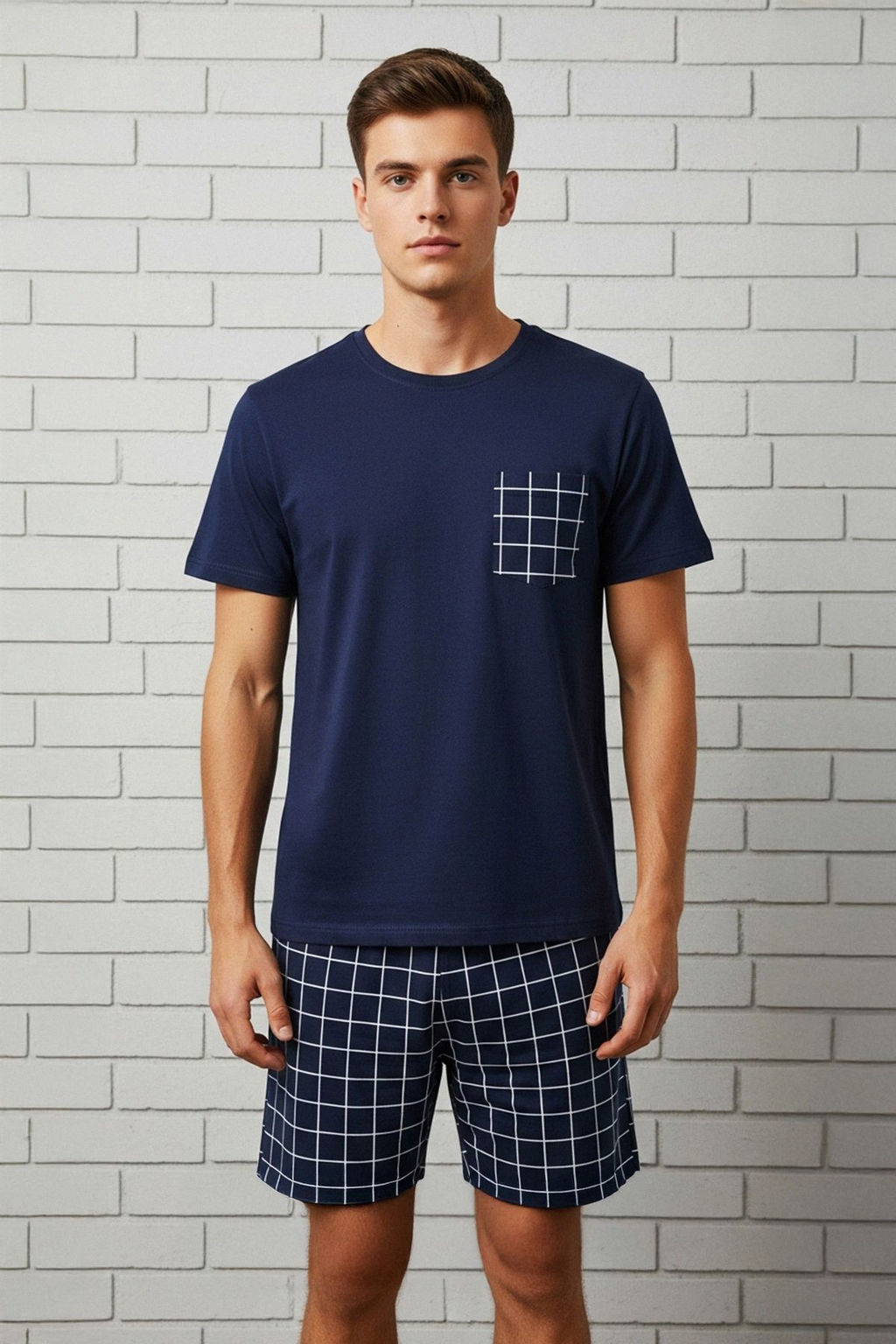 TRENDYOL MAN Lacivert Regular Fit Ekose Orme Sortlu Pijama Tak?m? TMNSS25PT00034 - Trendyolmilla фото 2