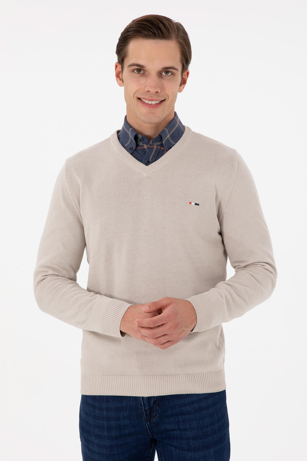 Erkek Slim Fit V Yaka Ta_ Basic Kazak