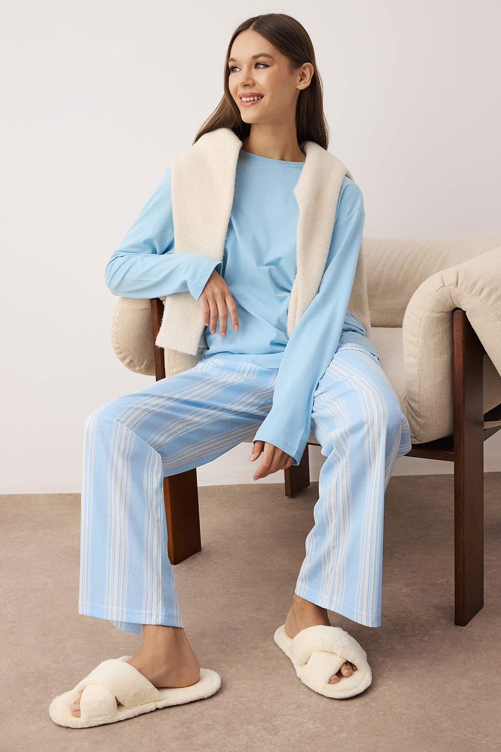 Trendyolmilla Antrasit %100 Pamuklu Cizgili Orme Pijama Tak?m? THMAW25PT00188  фото 7