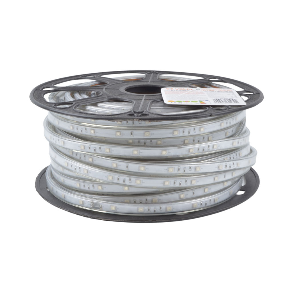 ULS-Q215 5050-30LED/m-14mm-IP67-220V-7,2W/m-50M-RGB Светодиодная гибкая герметичная лента Volpe. В ПВХ трубке. Упаковка - бобина 50 м. IP67. Угол излучения 120. Кратность резки 1 м. Многоцветная.
