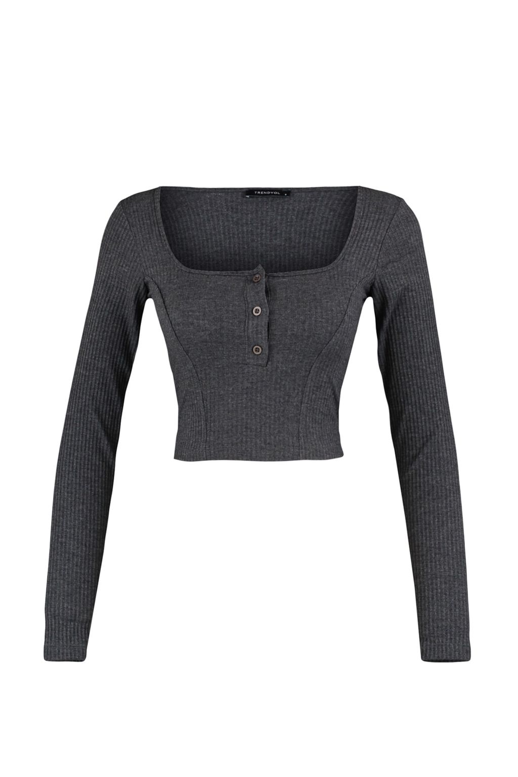 Antrasit Dugme Detayl? Kare Yaka Fitted/Vucuda Oturan Fitilli Esnek Crop Orme Bluz TWOAW23BZ00384