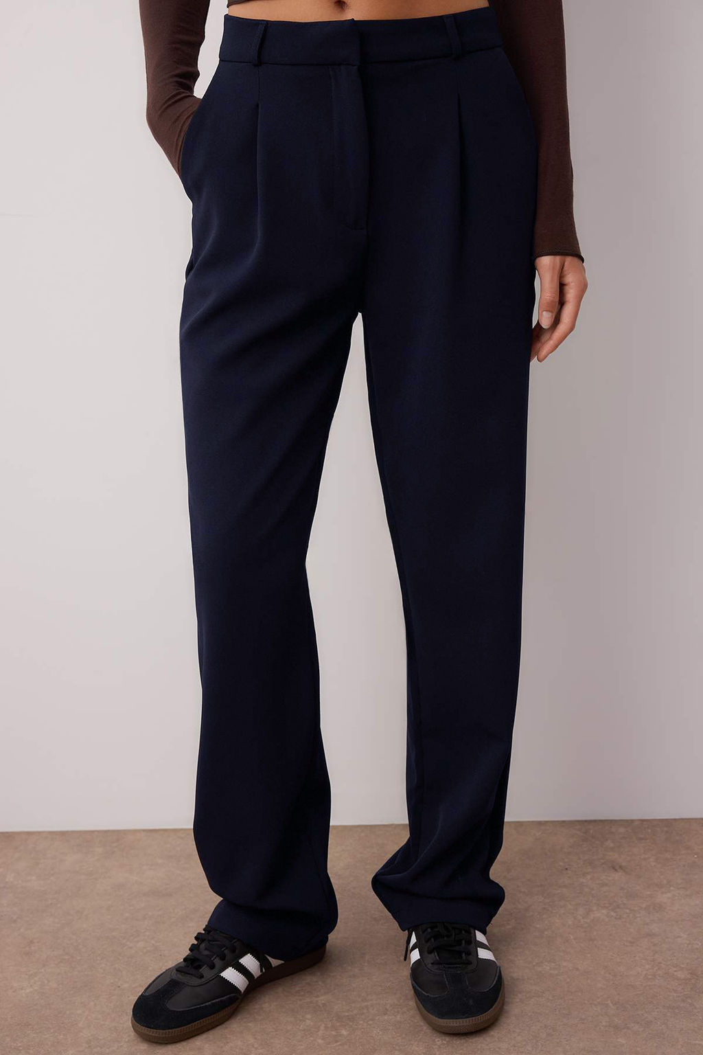 Lacivert Wide Leg/Genis Paca Pileli Dokuma Kumas Pantolon TWOSS21PL0155