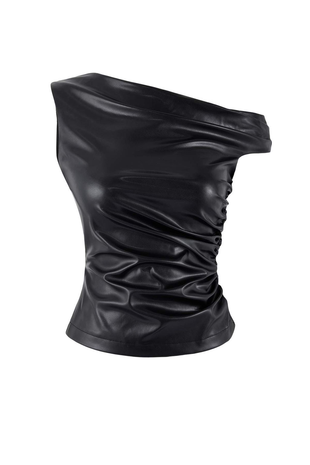 Siyah Asimetrik Yaka Kolsuz Orme Suni Deri Party Bluz TPRSS26BZ00012