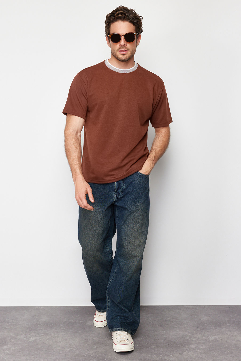 TRENDYOL MAN Premium Tas Oversize/Genis Kesim Triko Bantl? Dokulu Pike T-Shirt TMNSS23TS00079 - Trendyolmilla фото 3