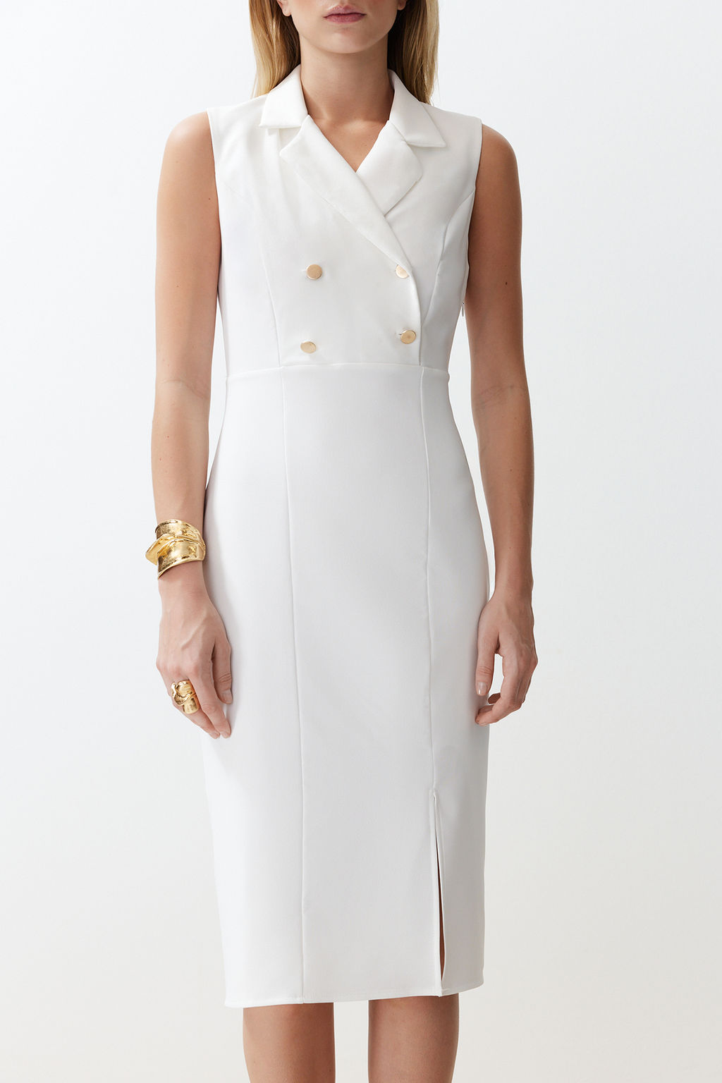 Ekru Vucuda Oturan Dugme Detayl? Y?rtmacl? Midi Kalem Etek Dokuma Elbise TWOSS23EL02256