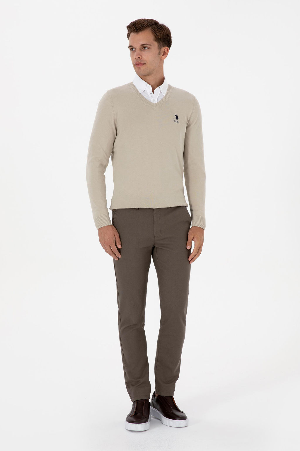 Erkek Slim Fit V Yaka A__k Haki Basic Kazak