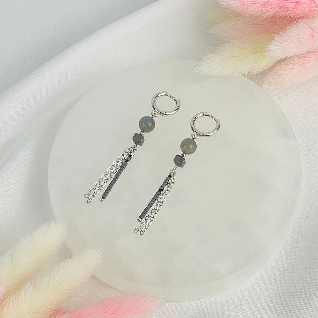 Серьги длинные из Лабрадора и Гематита - Радуга самоцветов фото 2