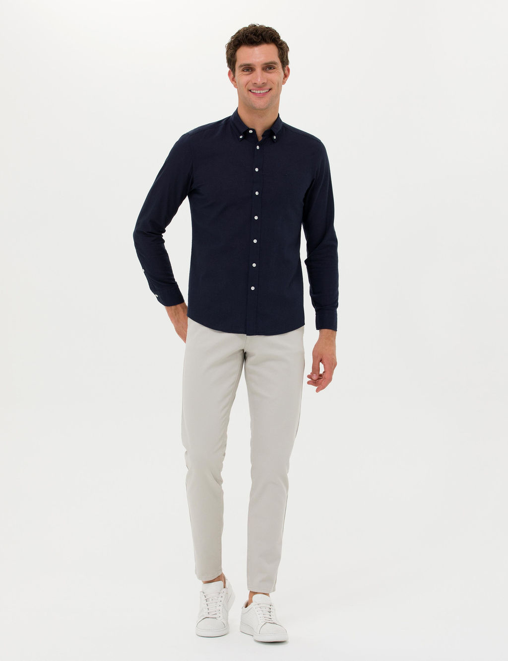 Рубашка узкого кроя из смесового льна темно-синего цвета - Cacharel фото 4