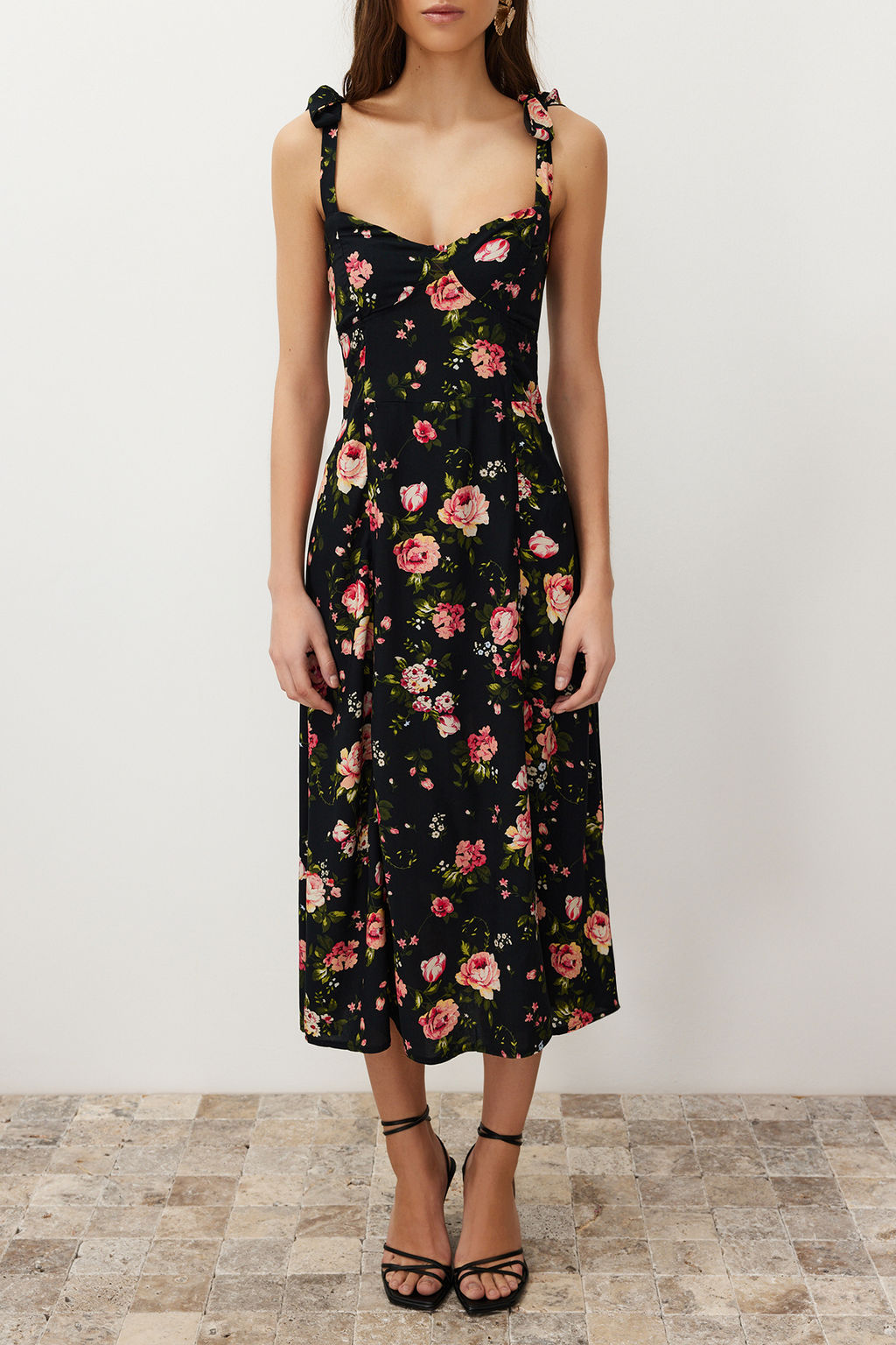 Siyah Cicekli A Kesim Viskon Midi Dokuma Elbise TWOSS24EL00714 - Trendyolmilla фото 4