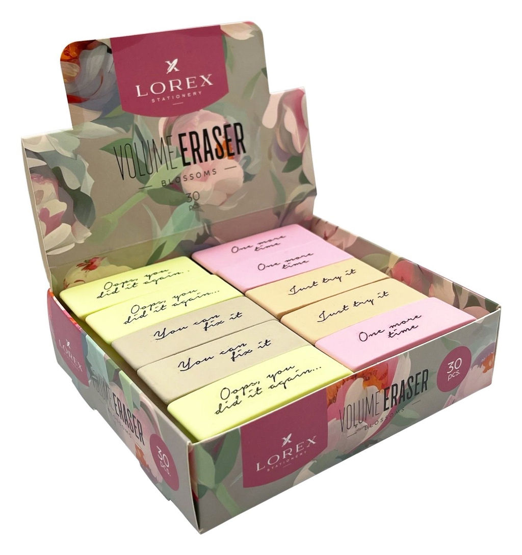 Цена за 5 шт. Ластик LOREX VOLUME ERASER BLOSSOMS, термопластичная резина, 60х20х10 мм скошенный, ассорт...