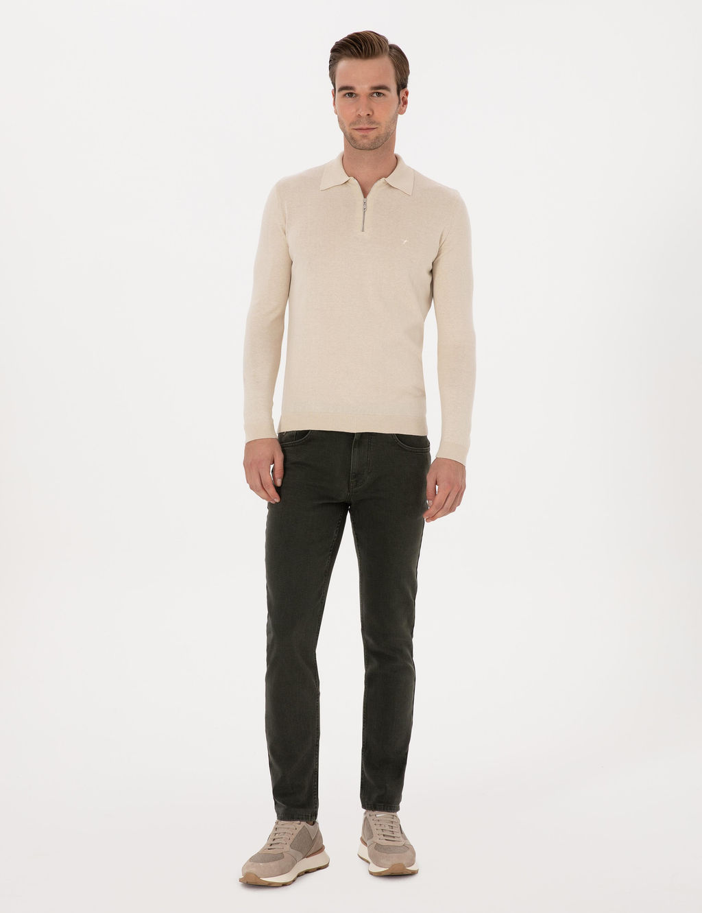 Bej Regular Fit Pamuk Kar___ml_ Fermuarl_ Polo Yaka Basic Triko Kazak - Cacharel фото 4