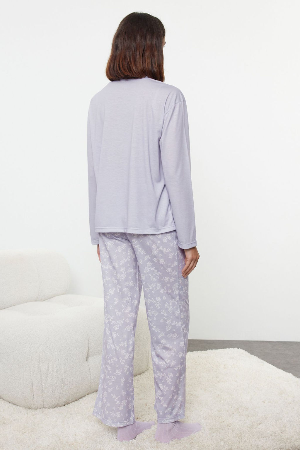 Trendyolmilla Lila %100 Pamuklu Cicekli Orme Pijama Tak?m? THMAW25PT00187  фото 6