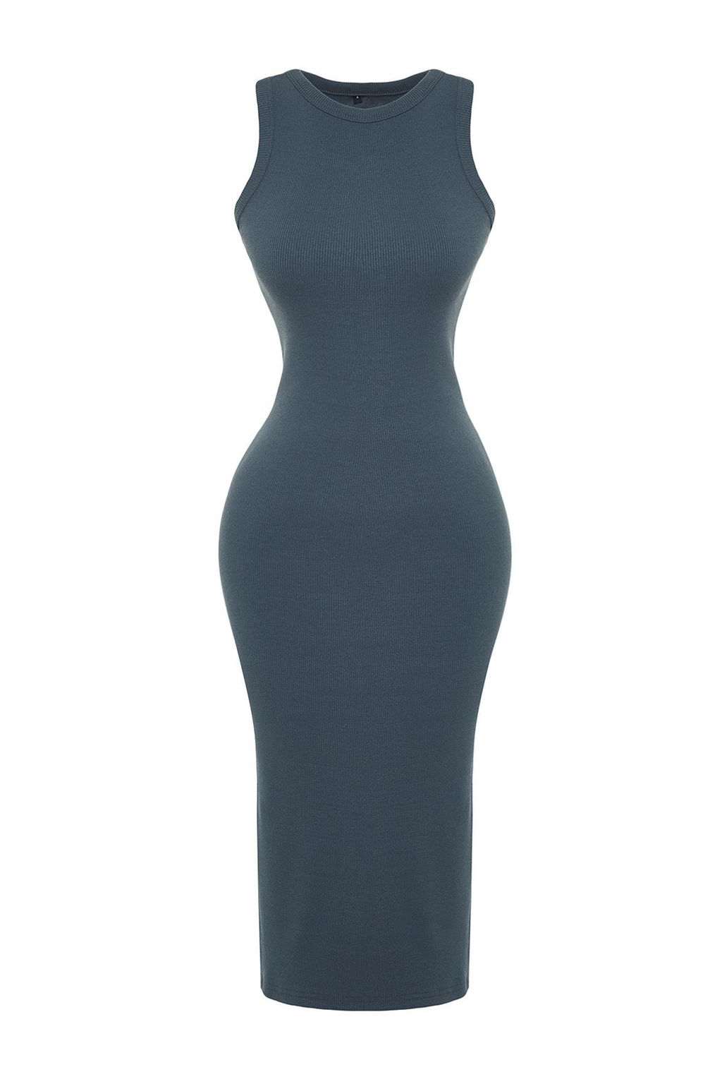 Ac?k Antrasit Bodycone/Vucuda Oturan Bisiklet Yaka Esnek Midi Orme Kalem Elbise TWOSS22EL1575