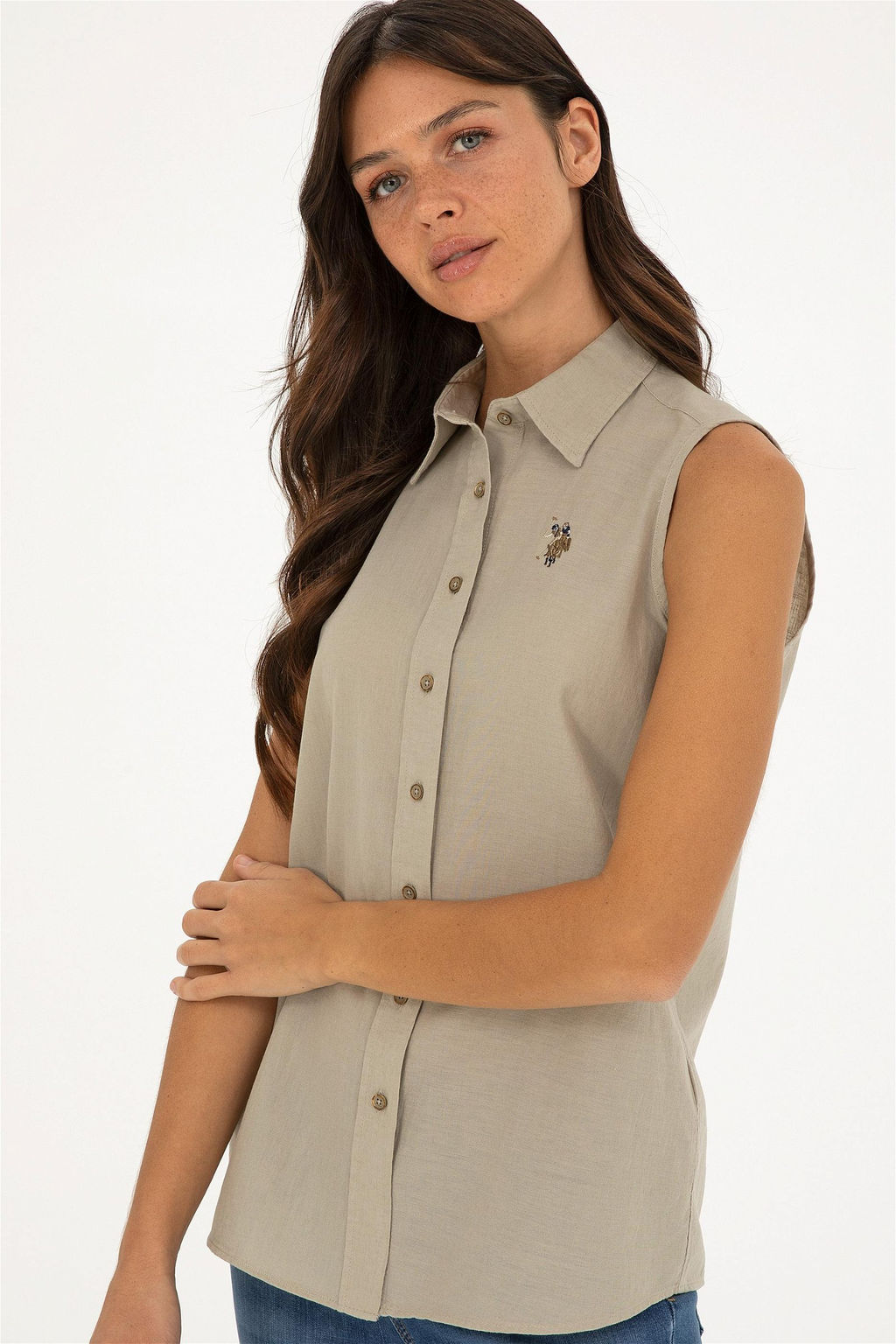 U. S. Polo Assn / Женская льняная рубашка светло-хаки с коротким рукавом - U.s. polo assn фото 3