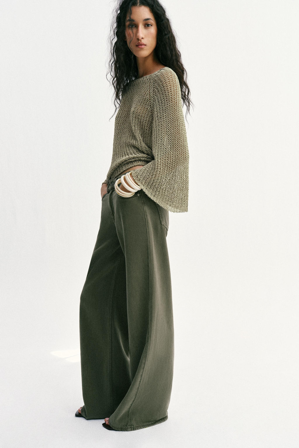 JEANS Z1975 WIDE LEG TIRO ALTO FLUIDO / Khaki - Zara фото 4