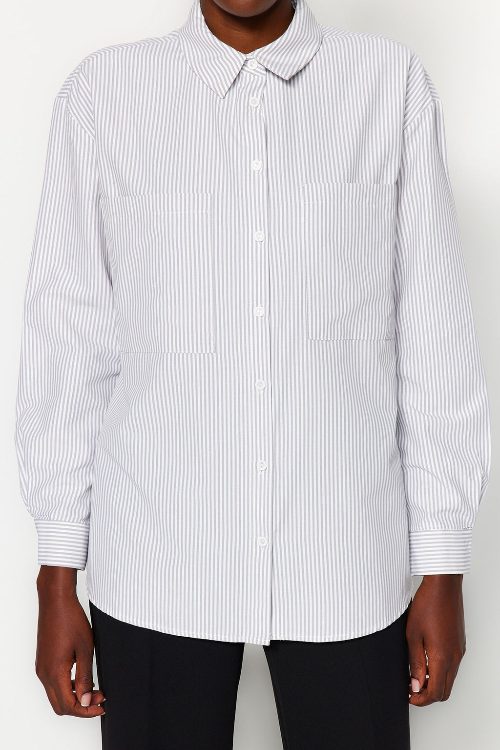 TRENDYOLMILLA Mavi Cizgili Cep Detayl? Oversize/Genis Kal?p Dokuma Gomlek TWOAW23GO00359  фото 3
