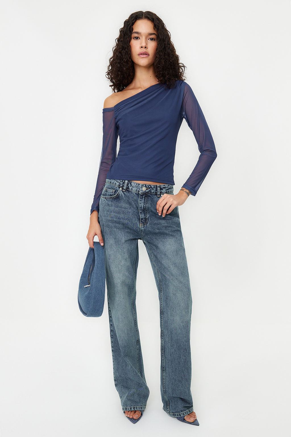 Trendyolmilla Petrol Tul Astarl? Asimetrik Yaka Orme Bluz TWOAW24BZ00051  фото 4