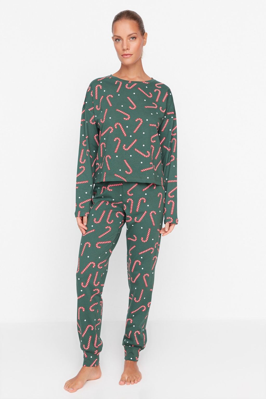 Yesil %100 Pamuklu Y?lbas? Temal? Orme Pijama Tak?m? THMAW21PT0771