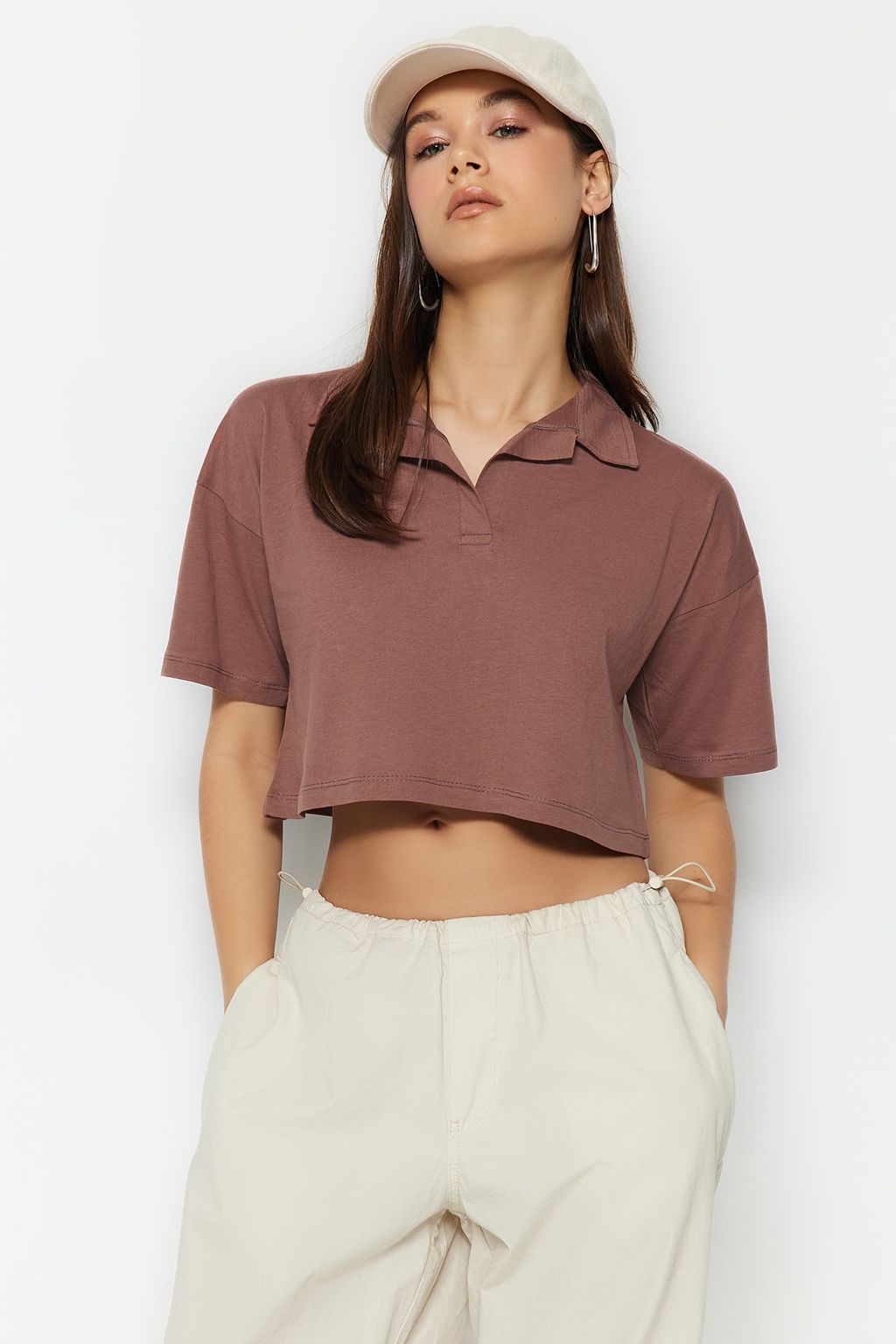 TRENDYOLMILLA Lacivert %100 Pamuk Relaxed/Rahat Kal?p Crop Polo Yaka Orme T-Shirt TWOSS22TS0241 фото 2