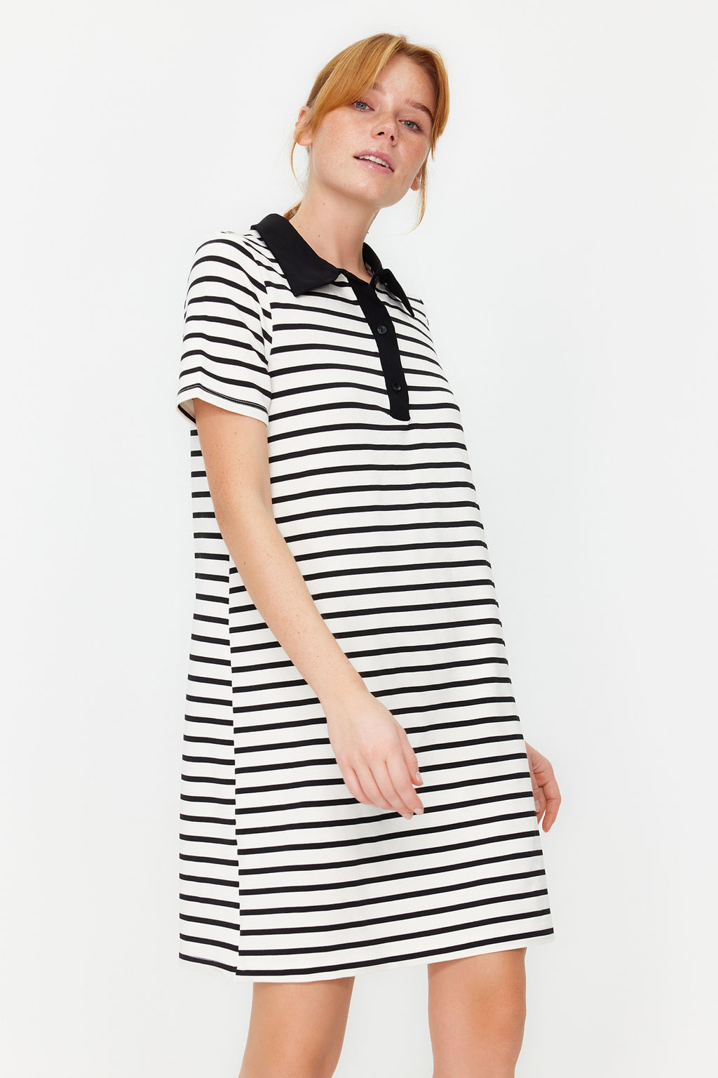 Kahverengi Beyaz Cizgili Polo Yaka A Kesim/Can Form Orme Elbise TWOSS24EL00023 - Trendyolmilla фото 11