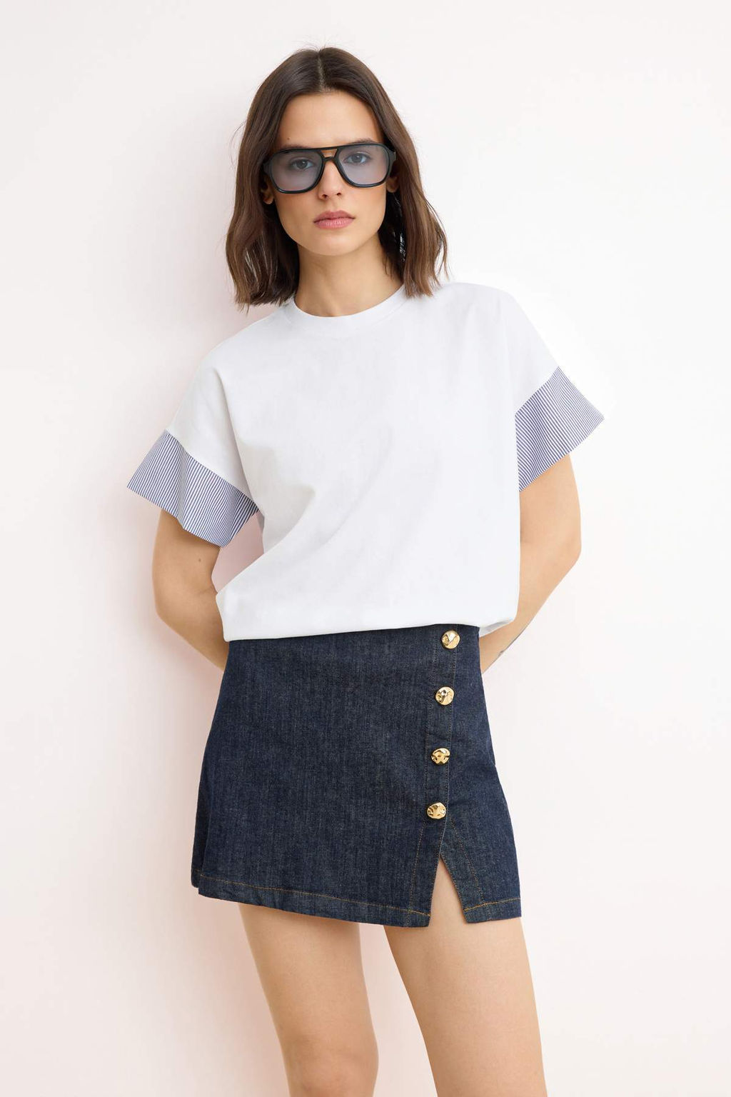 TRENDYOLMILLA Beyaz Relaxed/Rahat Kesim Poplin Kol Detayl? Orme T-Shirt TWOSS24TS00007  фото 18