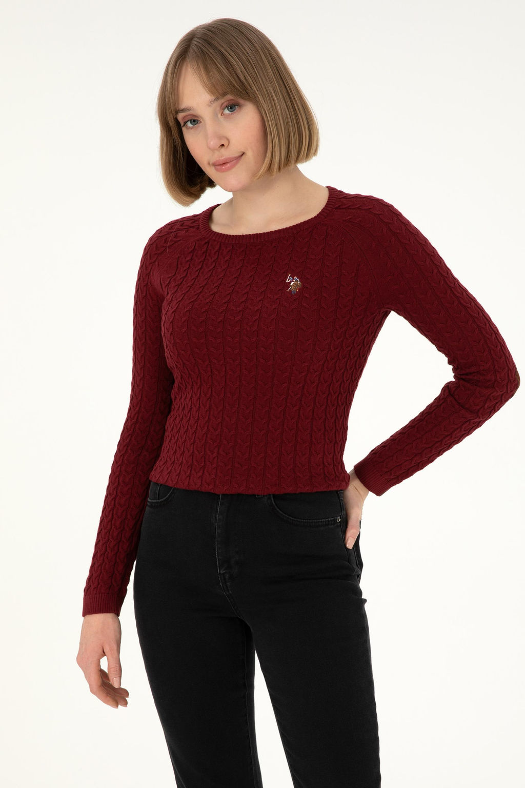 Женский бордово-красный базовый свитер с круглым вырезом Неожиданная скидка в корзине - U.s. polo assn фото 3